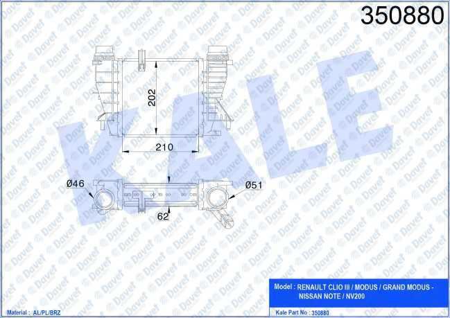KALE 350880 Turbo Radyatoru Renault Clio Iii Modus - Nissan Note Nv200 1.5dci 10=> (Brazing) (210x202x62)
